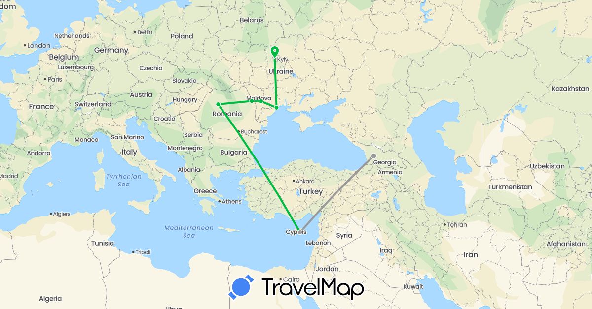 TravelMap itinerary: bus, plane in Cyprus, Georgia, Moldova, Romania, Ukraine (Asia, Europe)